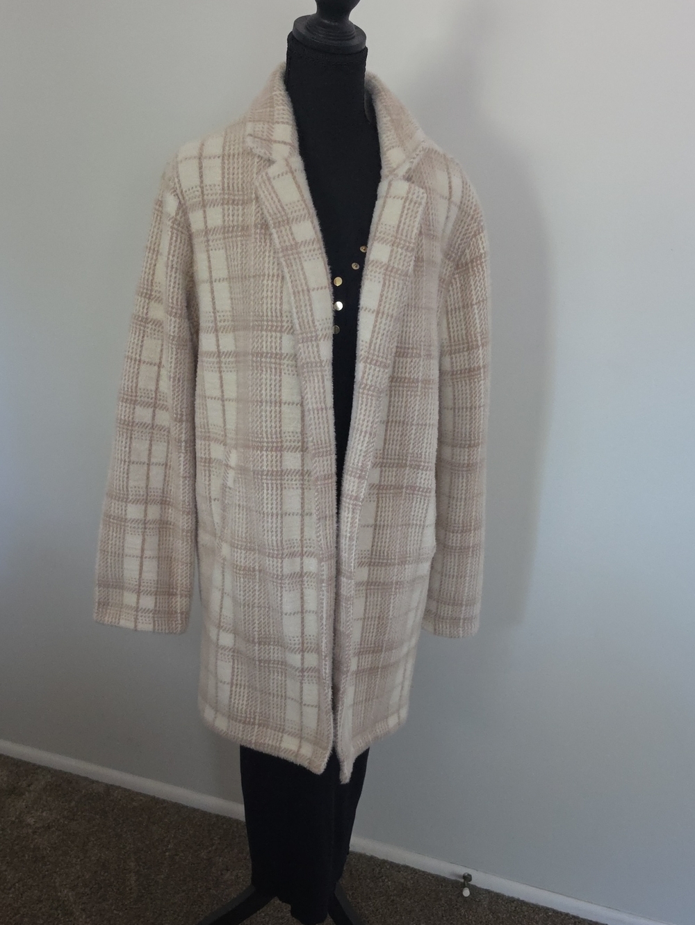 Altar'd State Cream and Beige Plaid Open-Front Coat